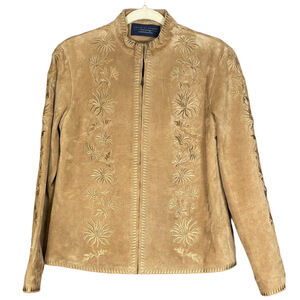Catherine Stewart for BellePointe Embroidered Genuine Leather Suede Jacket Tan M